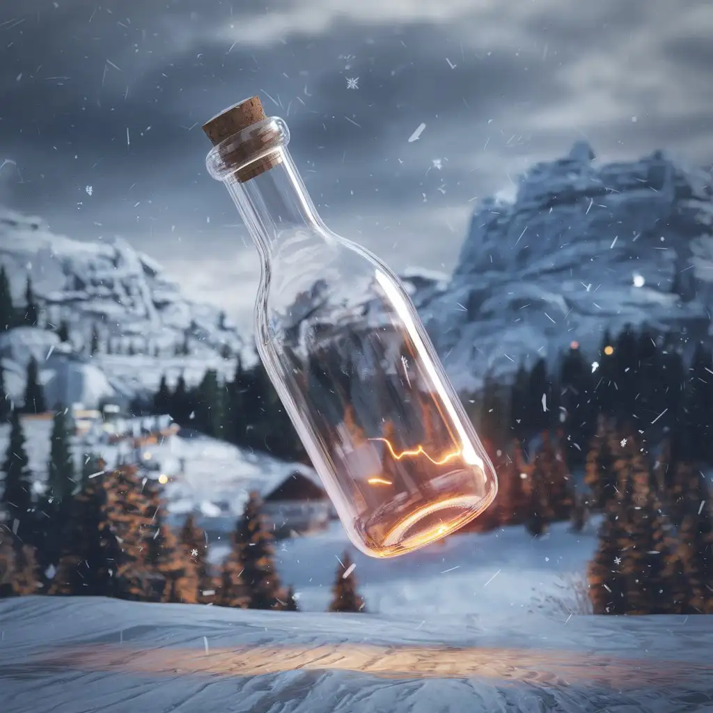 A-Floating-Bottle-in-the-Air-with-3D-Special-Effects-in-Winter-Nature