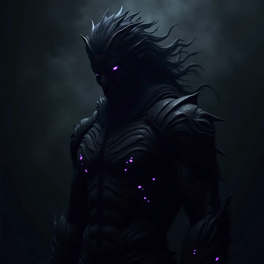 A shadowy humanoid figure with pitch-black skin that absorbs light, marked with glowing purple tribal patterns. Their eyes are slits of crimson or violet energy, pulsing faintly. Hair made of living shadow flows like dense smoke. They wear fragmented obsidian armor that blends seamlessly with their form. The figure exudes an aura of menace and predatory grace, set against a dark and ominous background