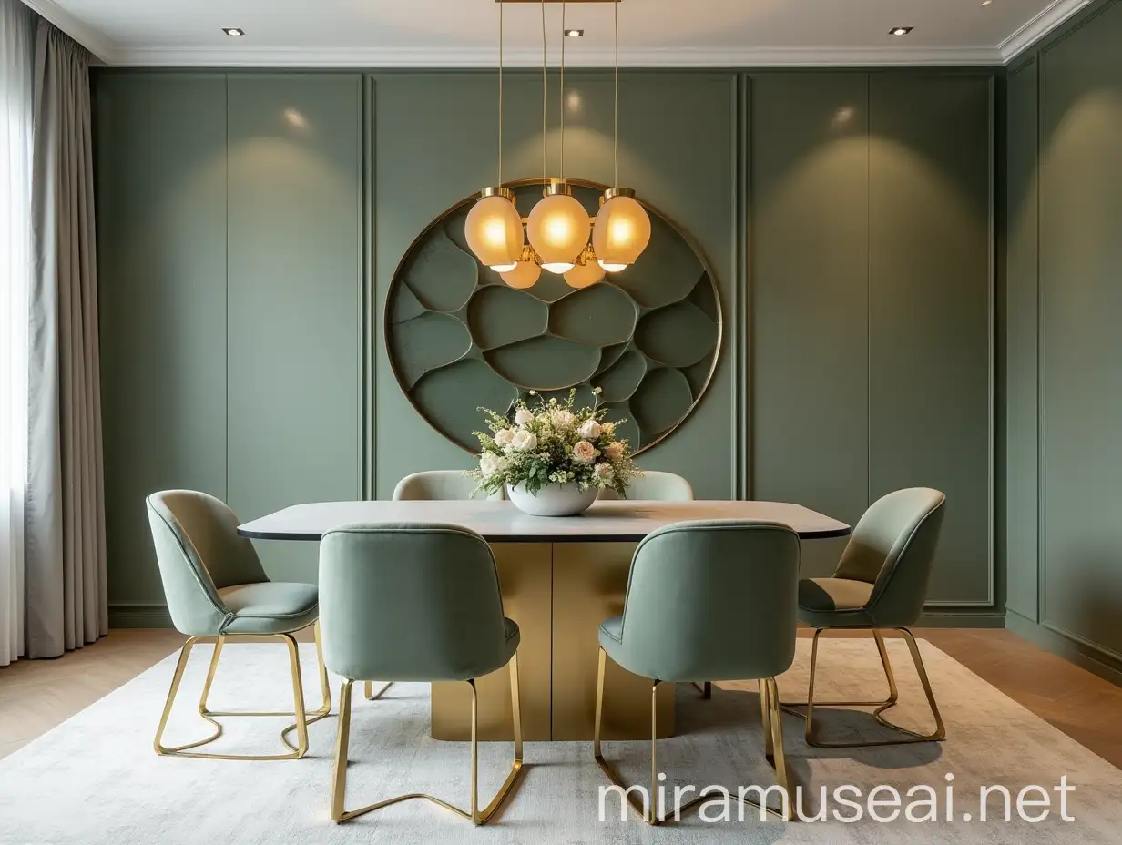 Modern Luxury Dining Room Design with Sage Green and Gold Accents