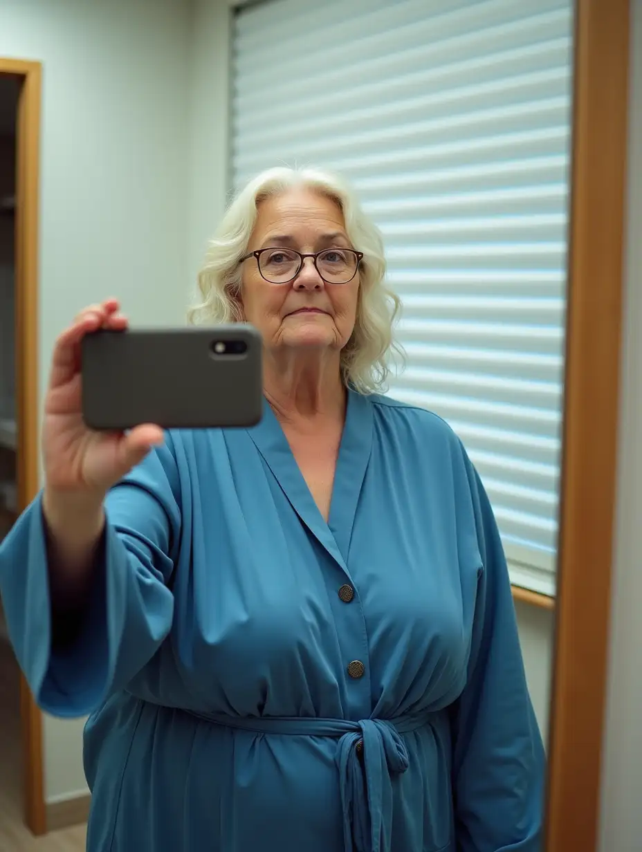 A full-body mirror selfie taken from a first-person perspective. A CURVY 60 years old woman stands facing in front of the mirror, (VERY DISSOLVED AND LOOSE BLUE ROBE AROUND THE BUST, NO BRA, NO SHIRT, glasses), . Her platinum blonde hair falls over her shoulders. She holds a phone outstretched, capturing her reflection. The hand with the phone hides her face. (The fitting room for clothes in a store is bright with a light featuring white blinds in the background.), The mirror frame and wall are visible, creating an intimate bathroom setting., (day lighting), HD, vivid colors, detailed portrait. No fogging, 8k, ultra hd photorealistic full height 8k, 