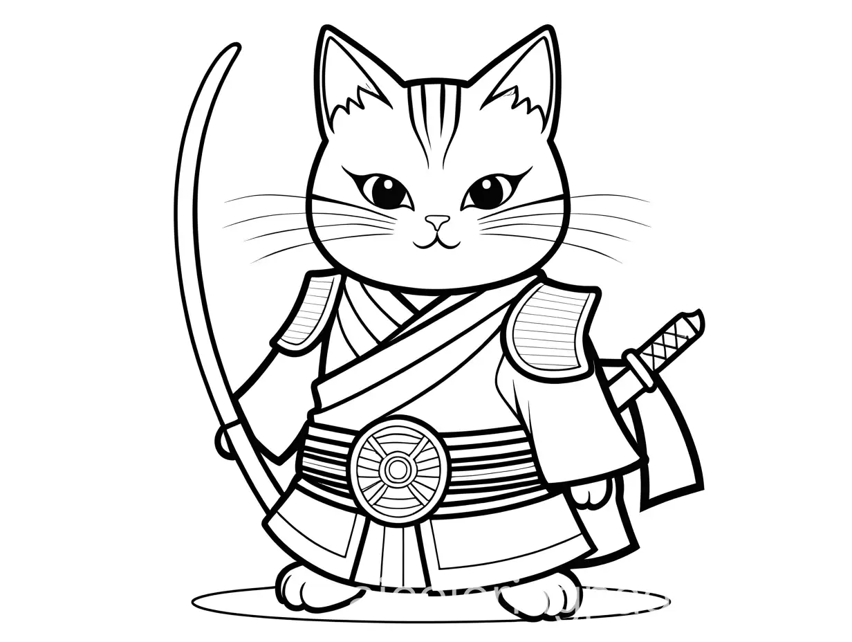 Samurai-Cat-Coloring-Page-Simple-Line-Art-on-White-Background