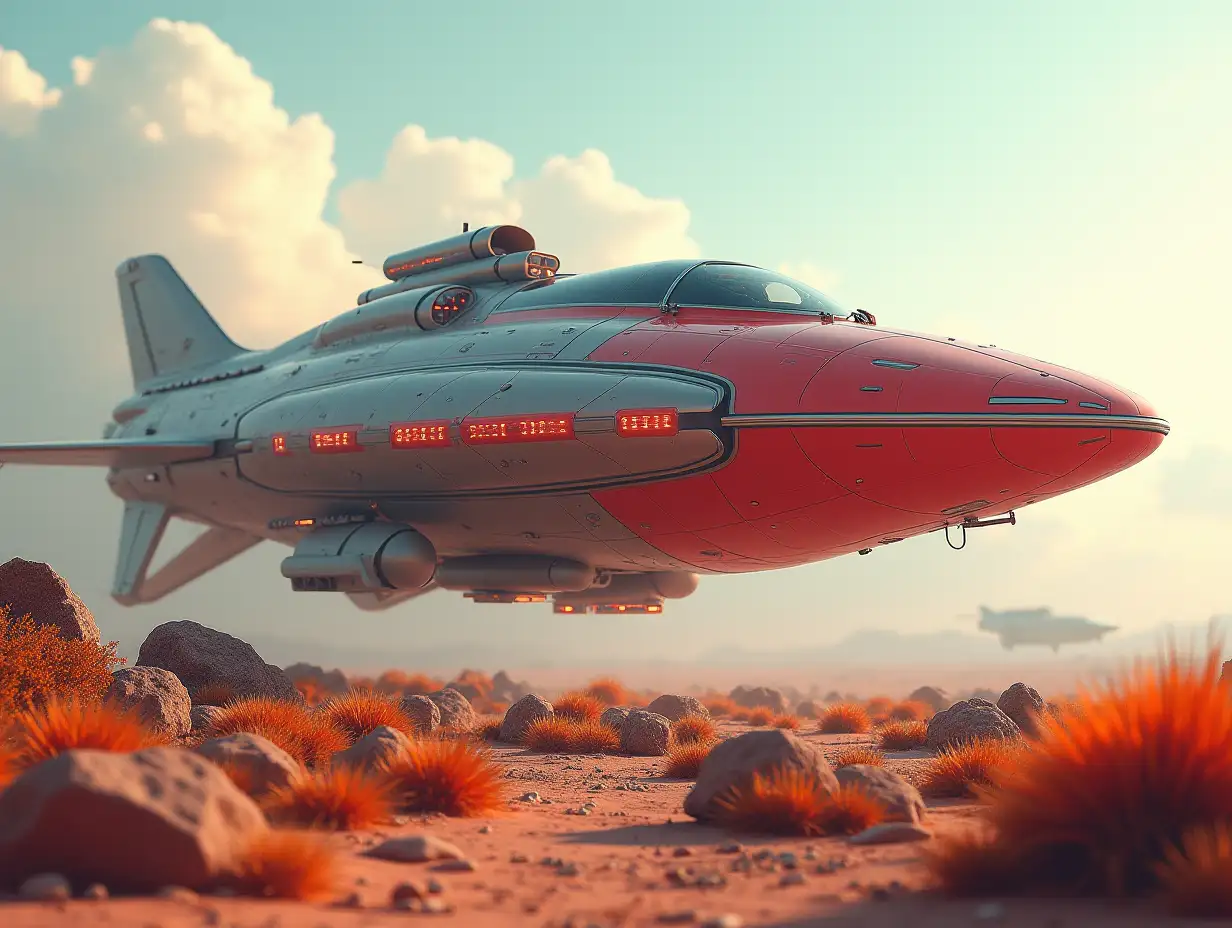 A larger spaceship retro red-gray, gleaming parts, with glowing headlights, glass windows has landed in the desert slanted from above seen with colorful plants light cloudy sky, 4k resolution colorful