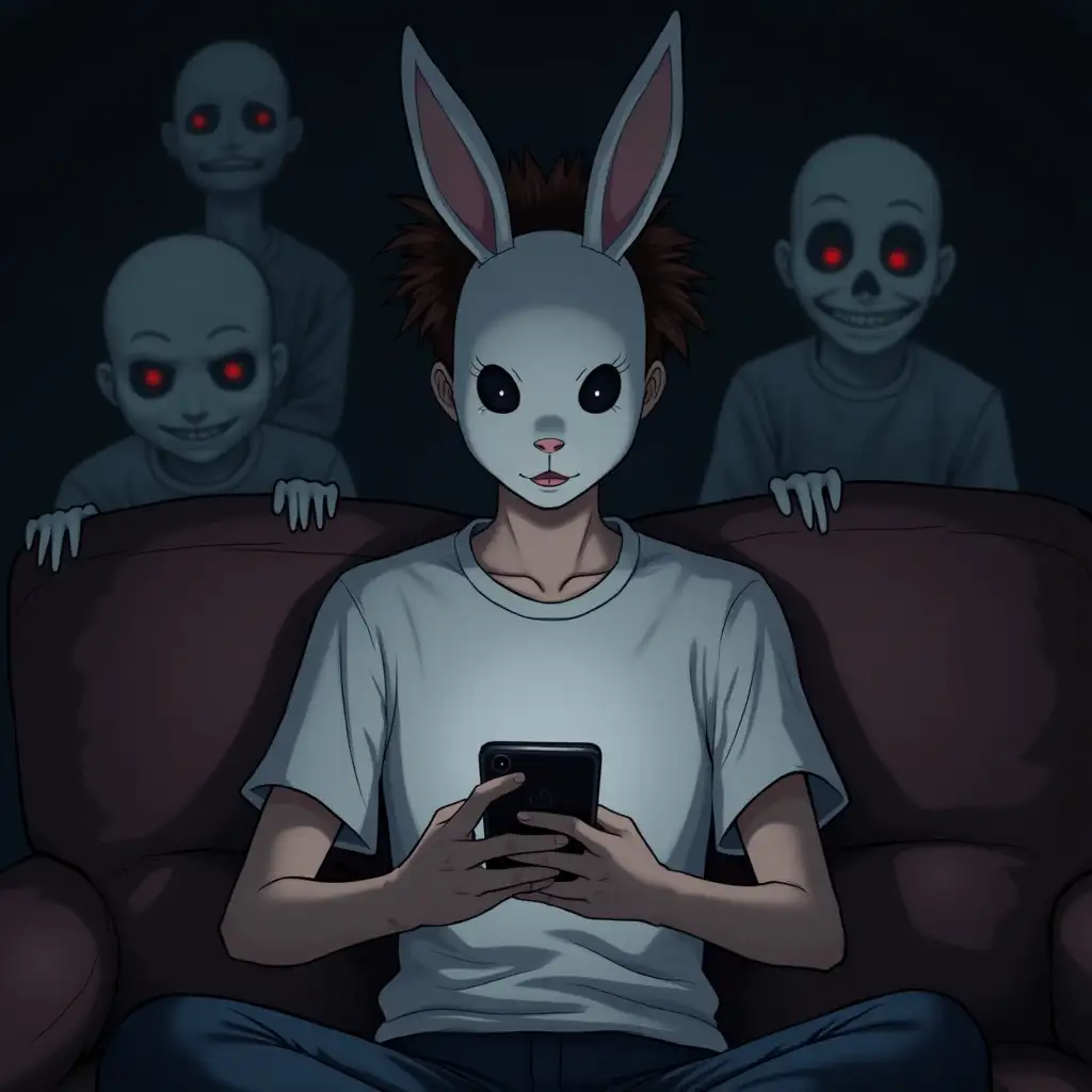 A boy in a white t-shirt is sitting on the couch and looking at his phone. He is wearing a mask of a rabbit. Behind him there are creepy ghostly figures. The whole picture is dark and creepy. Anime style.