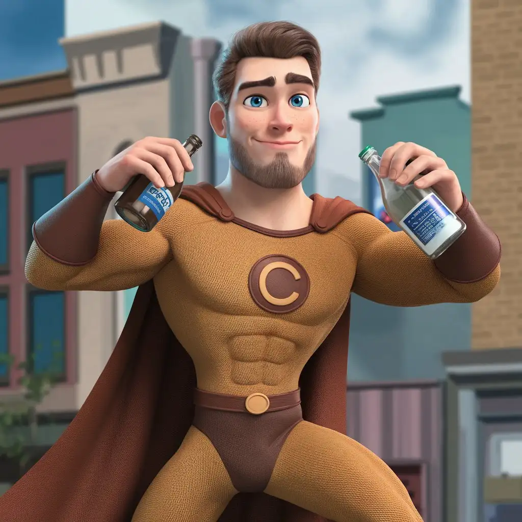 Cartoon-Superhero-Man-with-Mustache-in-Brown-Costume-Holding-Bottles