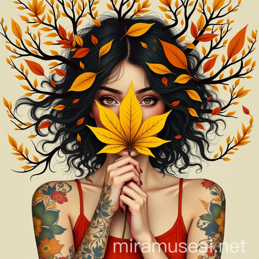 Autumn Woman with Leaf Hair and Branch Tattoo