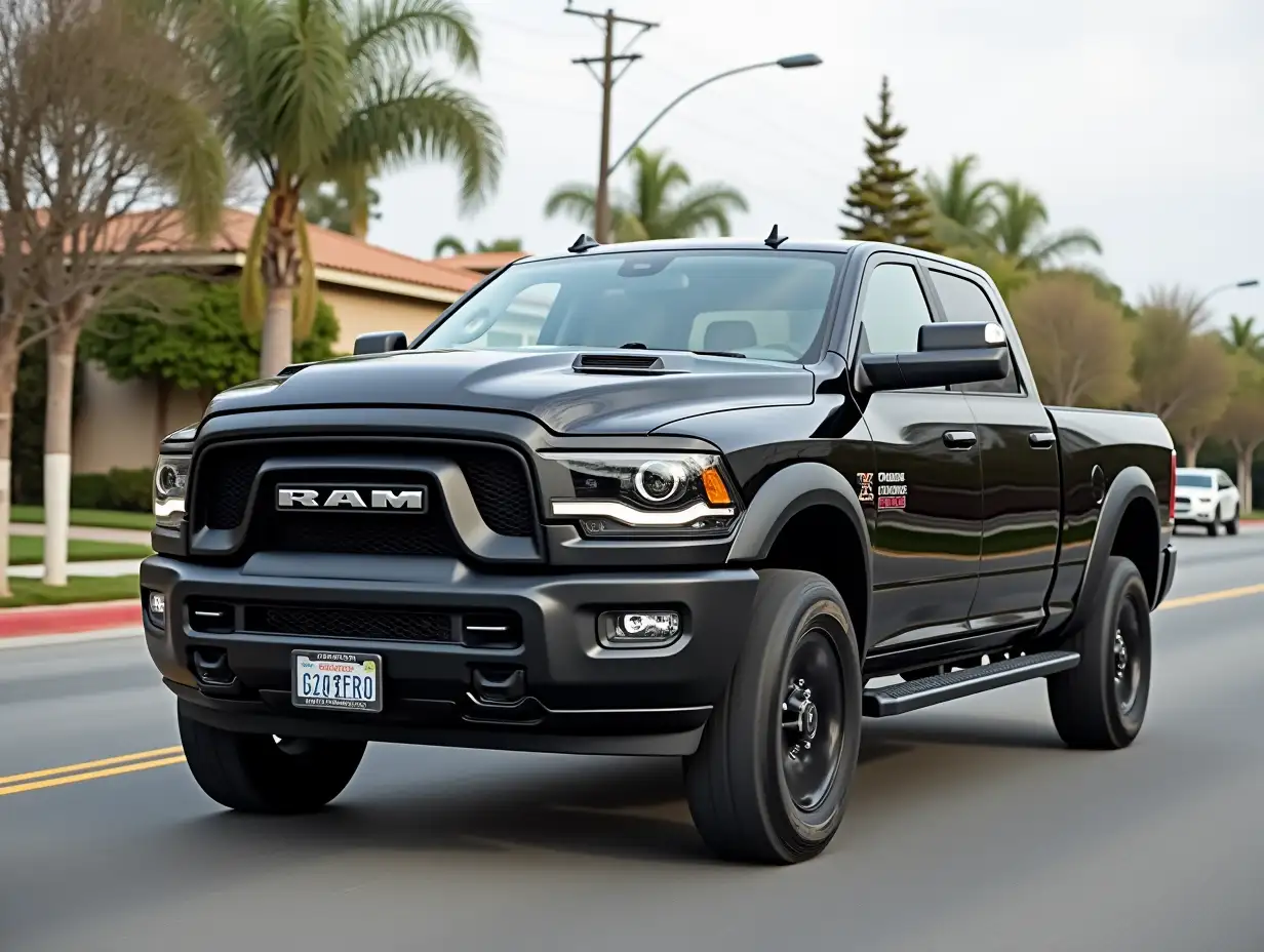 Create an image of a black 2019 Dodge Ram with a simple black cabin on a California street looking as realistic as possible.