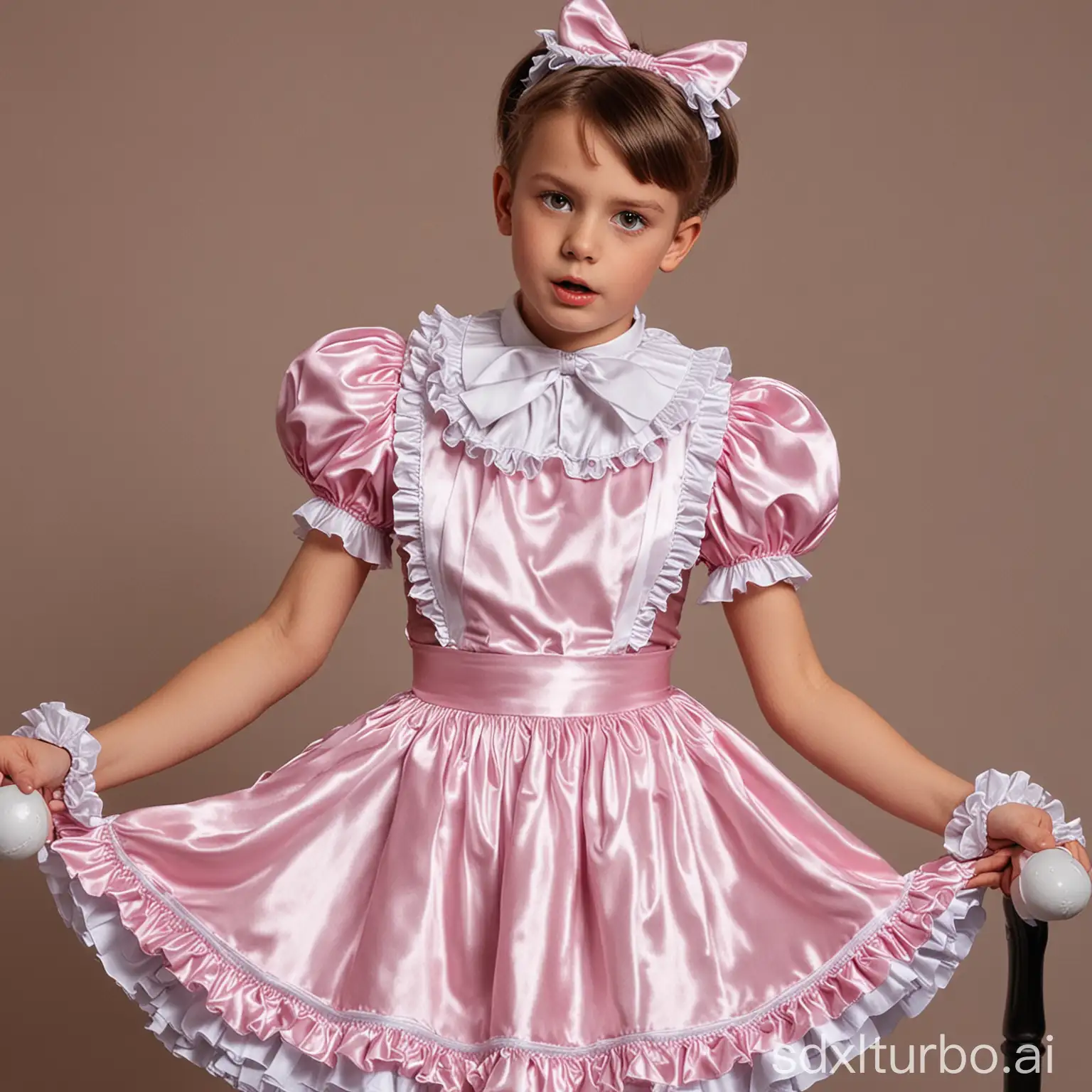 Boy in a satin sissy maid dress