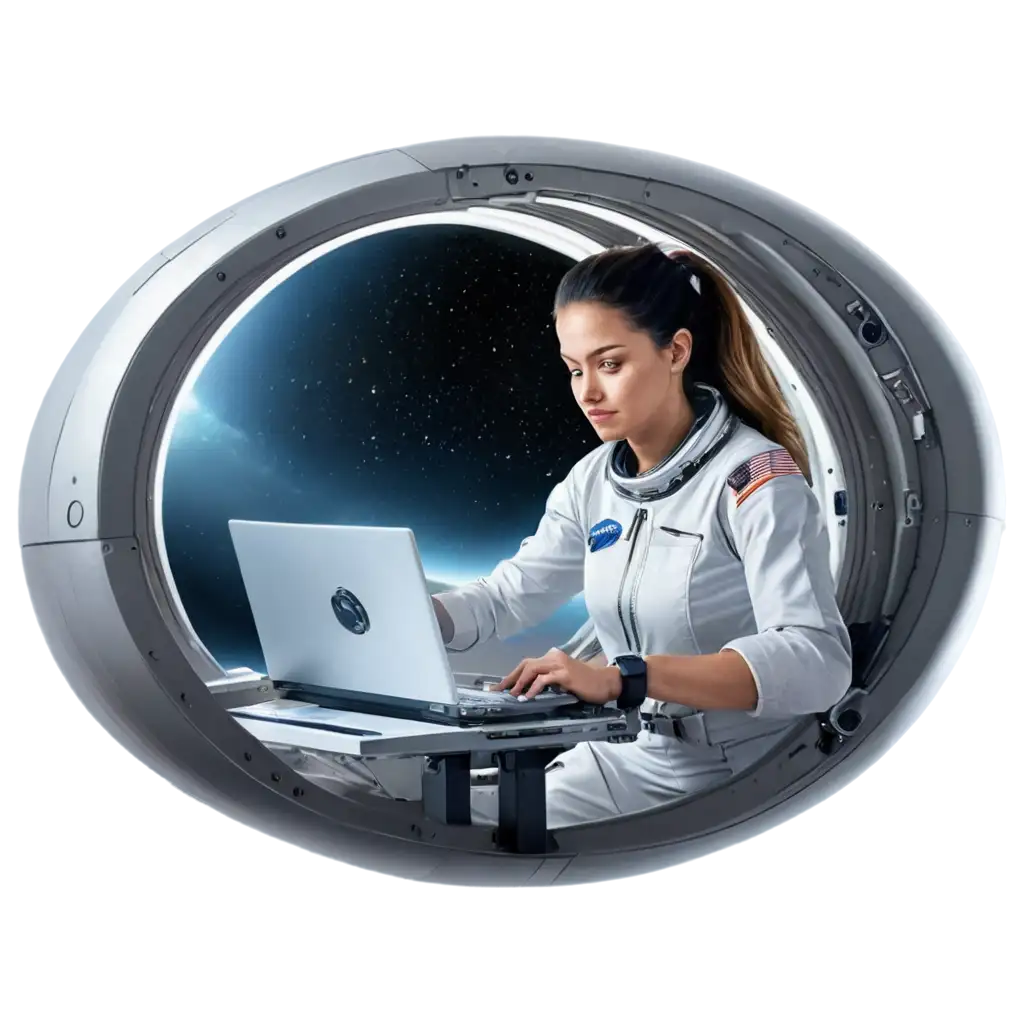 Woman-Astronaut-Working-on-a-Computer-in-Space-Station-with-Saturn-View-HighQuality-PNG-Image