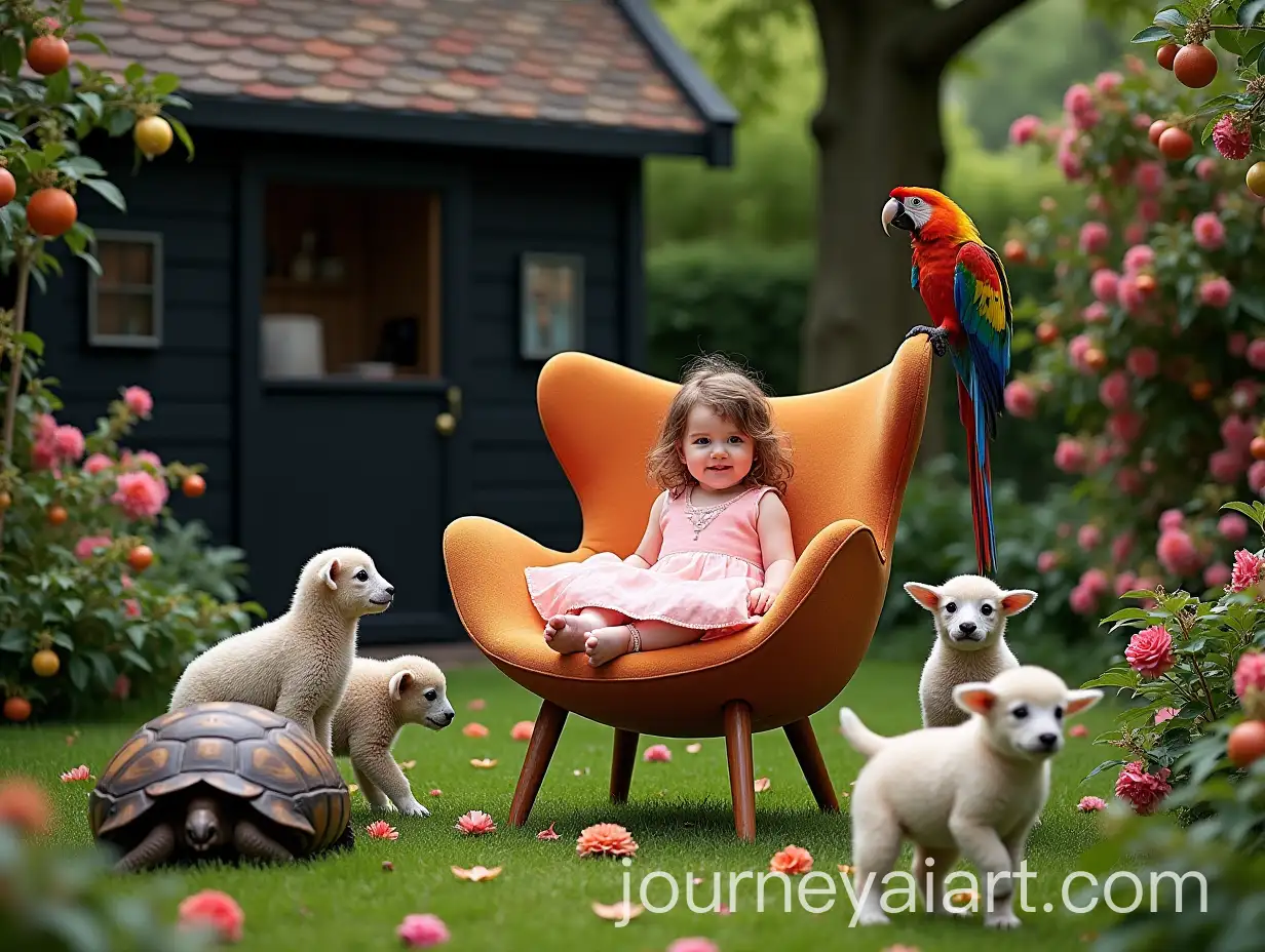 Serene-Baby-Girl-in-a-Majestic-Artifort-Chair-in-a-Lush-European-Garden-with-Animals-and-Vibrant-Flora