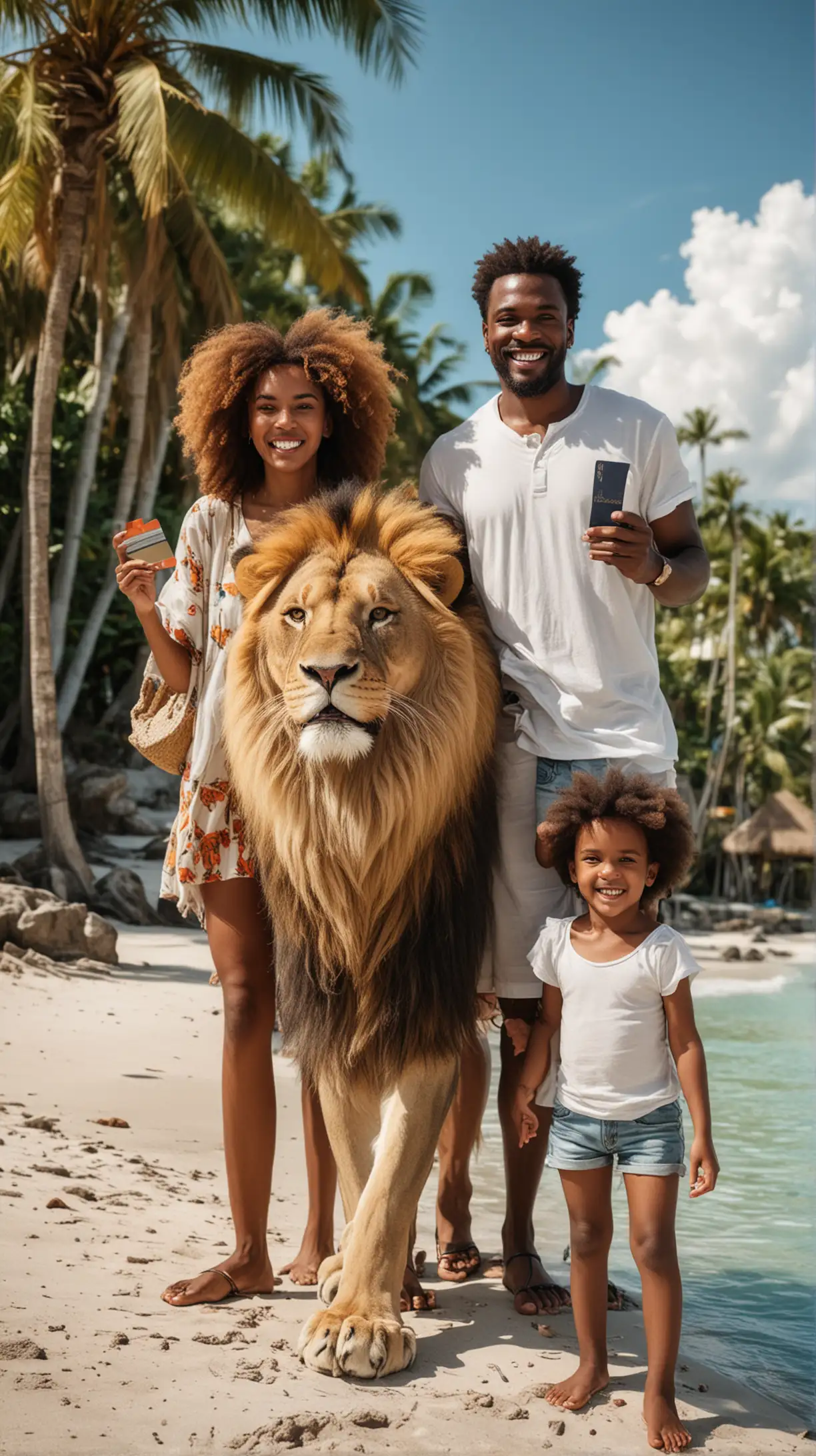 Happy Black Family Holding Credit Cards on Tropical Island with Big Happy Lion Background