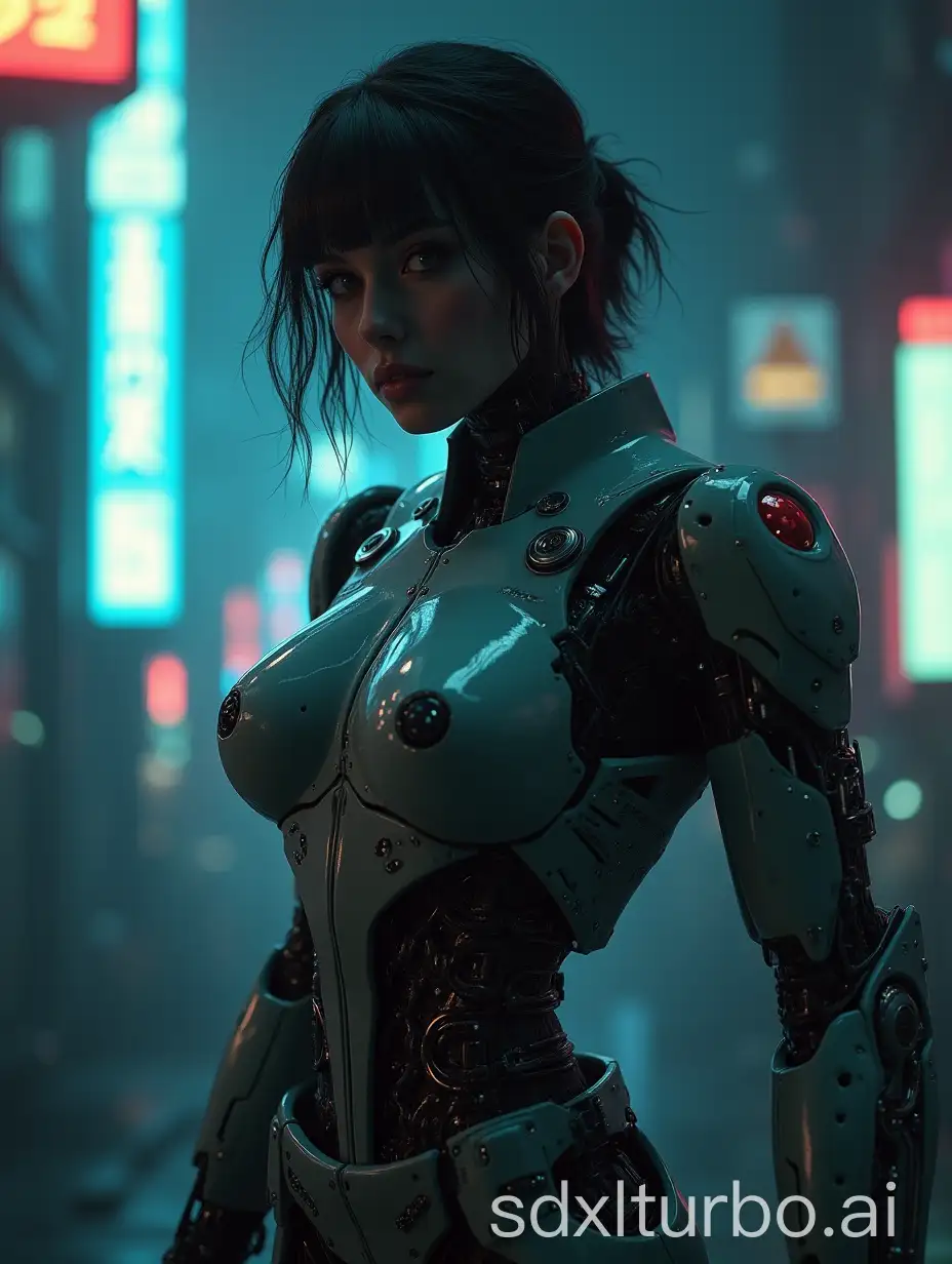 A female cyborg with a robotic body in a cyberpunk setting, a heroine from Blade Runner, futuristic sci-fi scene, cinematic, (best quality,8k,highres,masterpiece:1.2),ultra-detailed,(realistic,photorealistic,photo-realistic:1.37),cinematic lighting,dramatic shadows,glowing neon lights,advanced technology,moody atmosphere,dystopian,dramatic pose,intense expression,intricate mechanical details,sleek metallic surfaces,dynamic camera angle