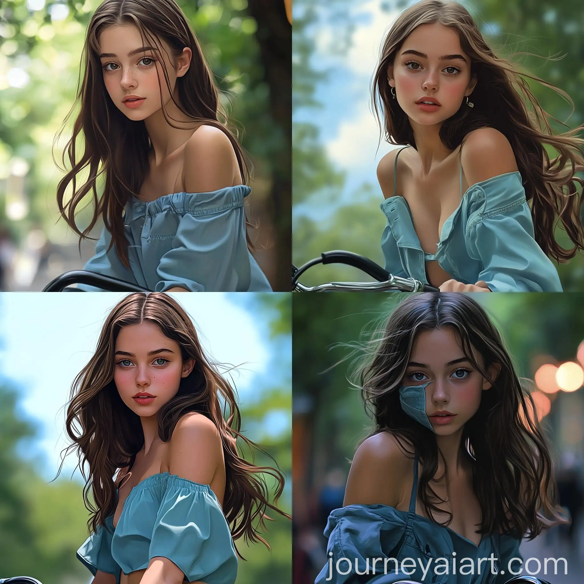 Girl-Riding-Bike-in-Blue-OneShoulder-Blouse-and-Mini-Shorts