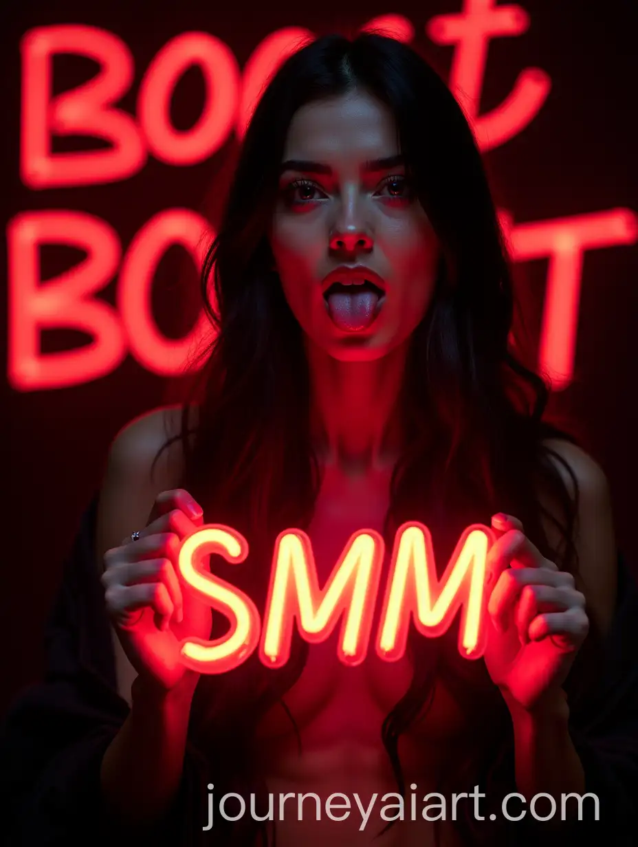 Brunette-Woman-Holding-Neon-SMM-Sign-with-Dynamic-Red-Elements-and-Bold-BOOST-Background