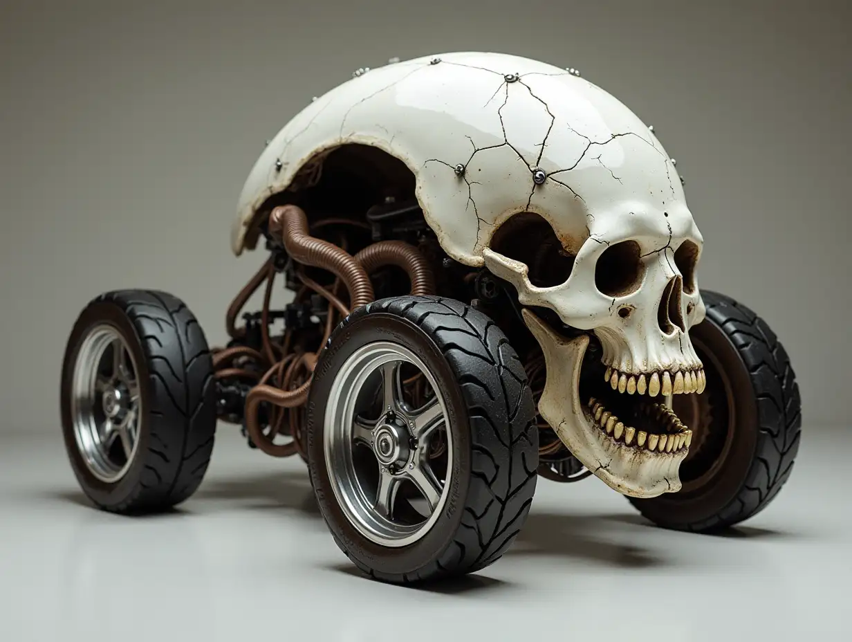 Supermodern utopian sportombus with skull design, lowered chassis, 18 inch aluminum wheels in white, brown and silver - creepy