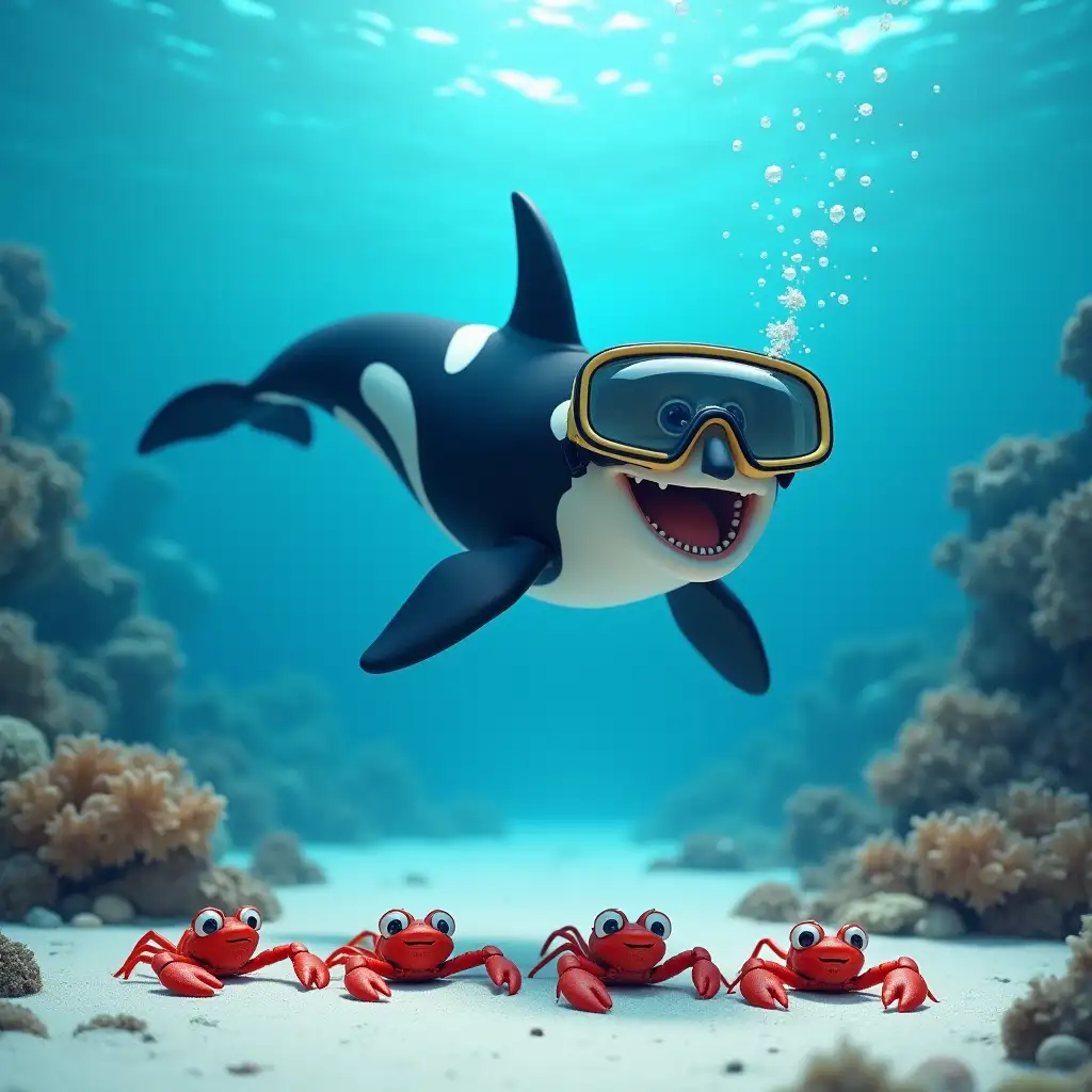 happy baby orca swimming above white sand sea floor, wearing diver's mask, counting four red lobsters hiding under rocks and coral formations, ocean blue background with bubbles