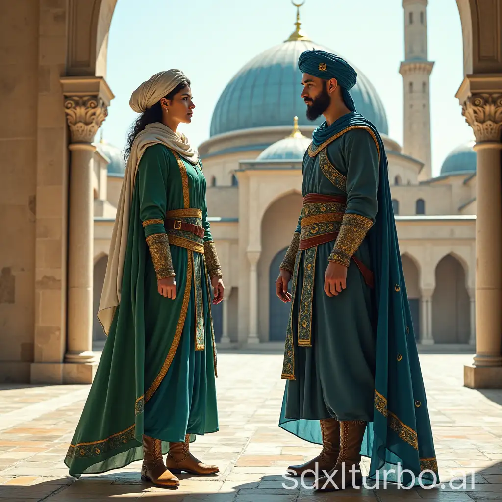 An athletic, slender female warrior-commander, dressed in a long, green cloak decorated with a gold edging and gold crescents, in wide, Persian, blue trousers, in plate boots, in plate gloves, in a white turban with blue, vertical, oblique, wide stripes, stands, in full growth, on a mosaic stone floor, in a luxurious, medieval courtyard, in a large Muslim fortress, near a beautiful Muslim mosque with high minarets, on the blue dome of a beautiful Muslim mosque a golden crescent is installed, next to her stands, in full growth, a handsome, young, slender, athletic, mustachioed, bearded male warrior-commander, dressed in a long, blue cloak decorated with a gold edging with gold crescents, in wide, Persian, green trousers, in plate boots, in plate gloves, in a blue turban with wide, oblique golden stripes, athletic, slender female warrior-commander and handsome, young, slender, athletic, mustachioed, bearded male warrior-commander looking at each other