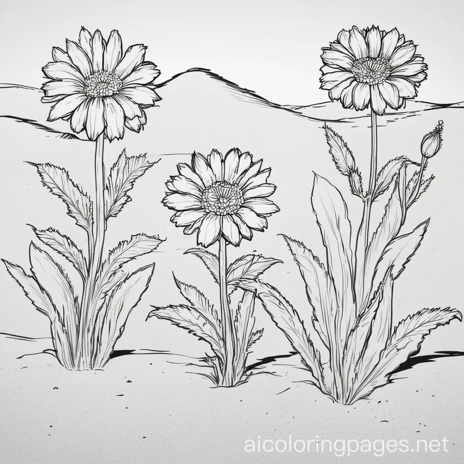 coloring page outline of drawing of desert flowers in the sand, Coloring Page, black and white, line art, white background, Simplicity, Ample White Space. The background of the coloring page is plain white to make it easy for young children to color within the lines. The outlines of all the subjects are easy to distinguish, making it simple for kids to color without too much difficulty