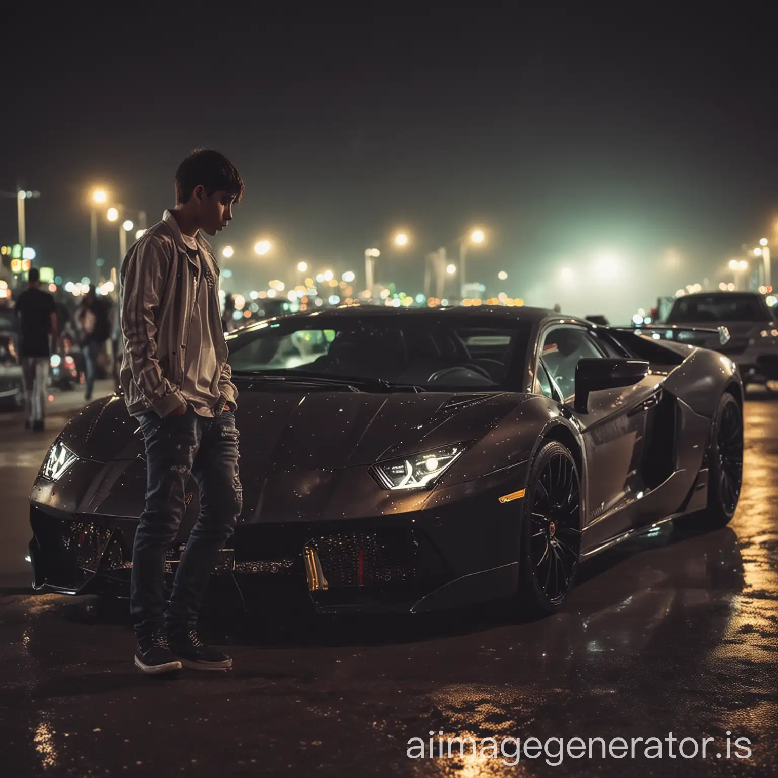 Boy-with-Sad-Expression-Standing-by-Lamborghini-Car-at-Night-with-Lights