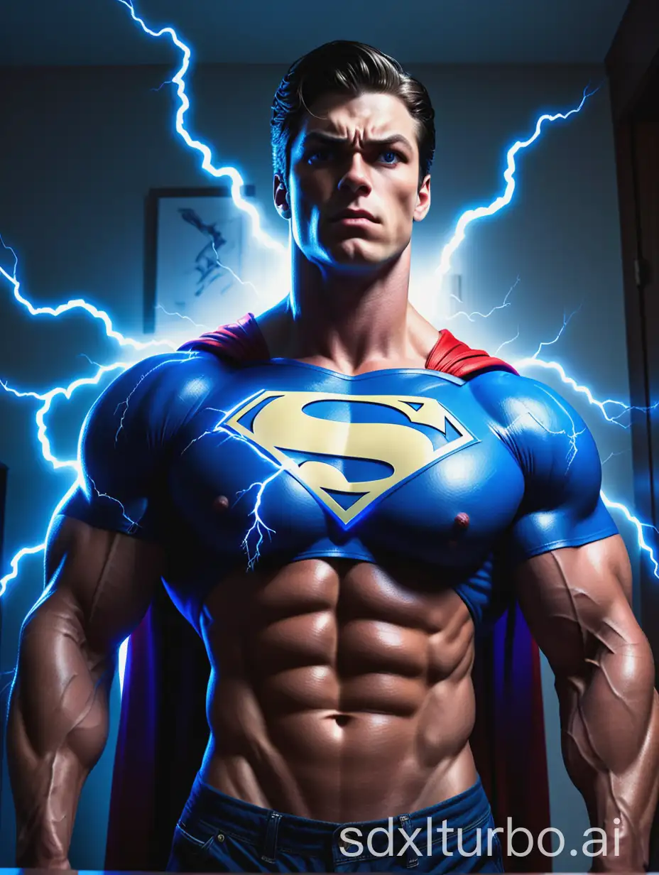 Three 18-year-old supernaturally beautiful muscle men stand in a modern college dorm room, gazing with determination and performing lat spread poses. Blue lightning bolts are striking and supercharging their powerfully muscled bodies. Becoming mighty supermen. Wearing akintight superman uniforms. Massively broad shoulders. Huge, bulbous pecs. Inhumanly oversized pecs. Hugely pumped chest, biceps, and shoulders. Superhuman strong muscles. Profoundly powerful supermen. Photorealistic. Violent lightning. Vibrant use of color. High contrast lighting. Powerfully electric atmosphere. Glowing blue electric superman muscles.