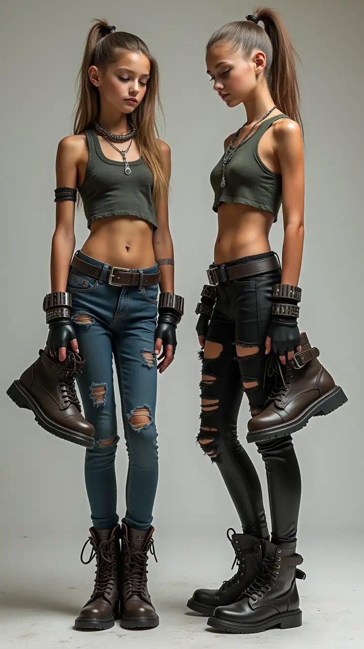 Two-13YearOld-Warrior-Girls-Displaying-Combat-Shoes-in-PostApocalyptic-Fashion