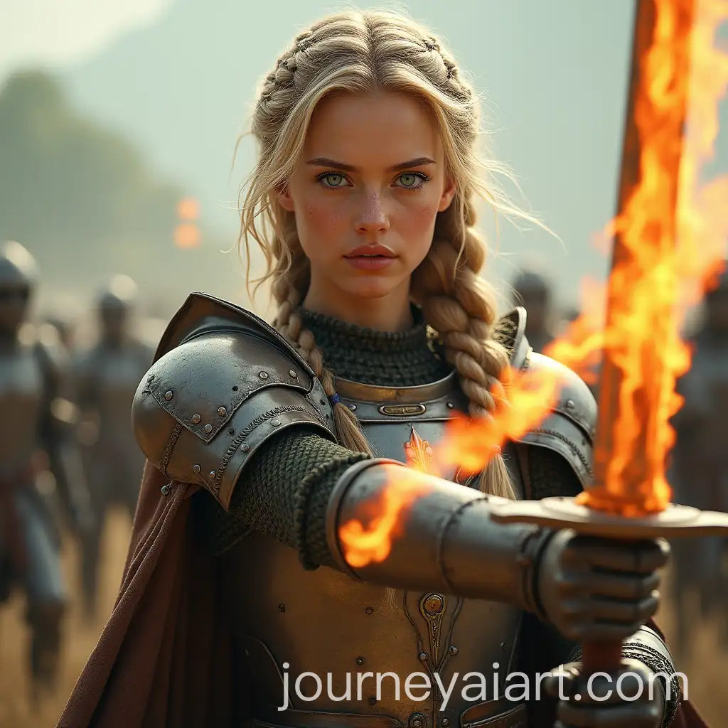 Victorious-Young-Woman-in-Medieval-Armor-Wielding-Flaming-Sword-on-Battlefield