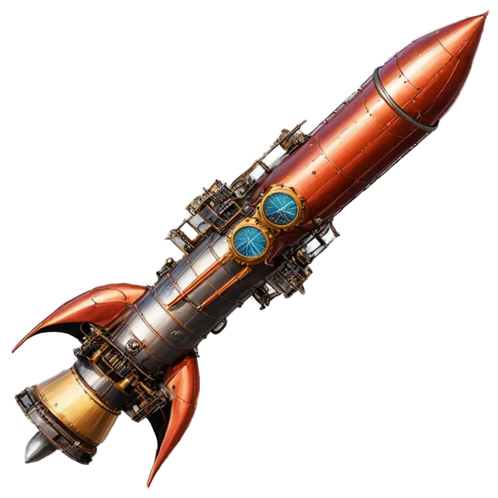 A steampunk rocket on a launchpad