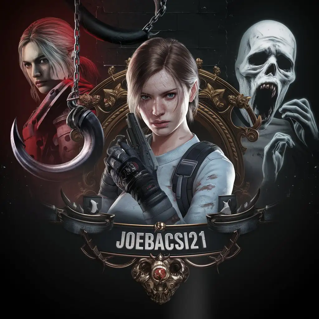 Elegant Logo for twitch channel, (('Joebacsi21')), featuring Jill Valentine from 'Resident Evil 3 Remake', a hook from 'Dead by Daylight', a ghost from 'Phasmophobia'