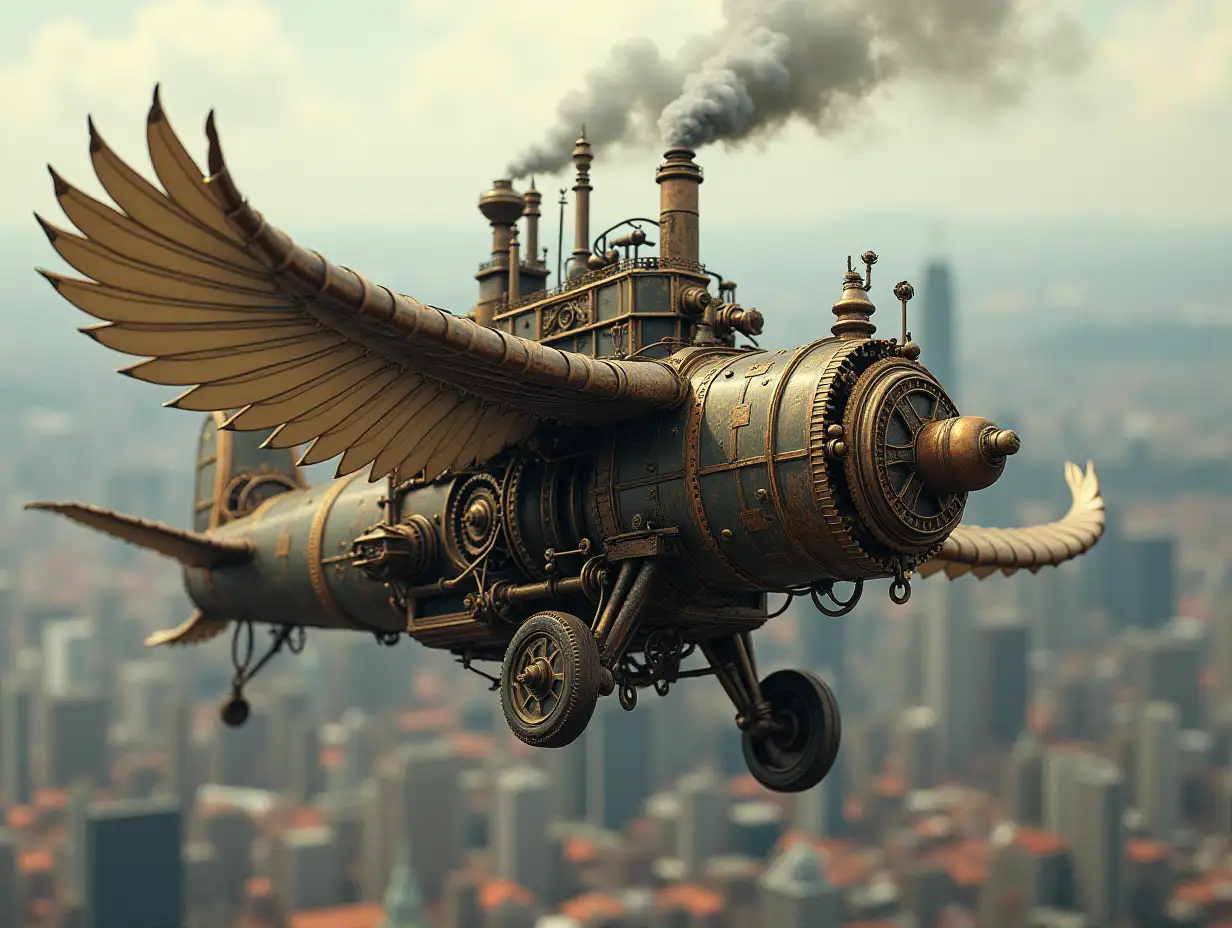 A detailed Steampunk style flying machine with complicated gears powered by steam. Flight over a city Premium Picture