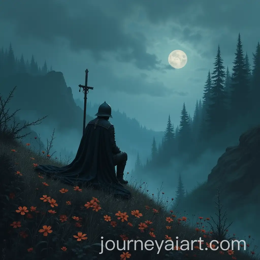 Dark-Fantasy-Knight-Kneeling-on-a-Flowery-Hill-in-a-Misty-Luminous-Landscape