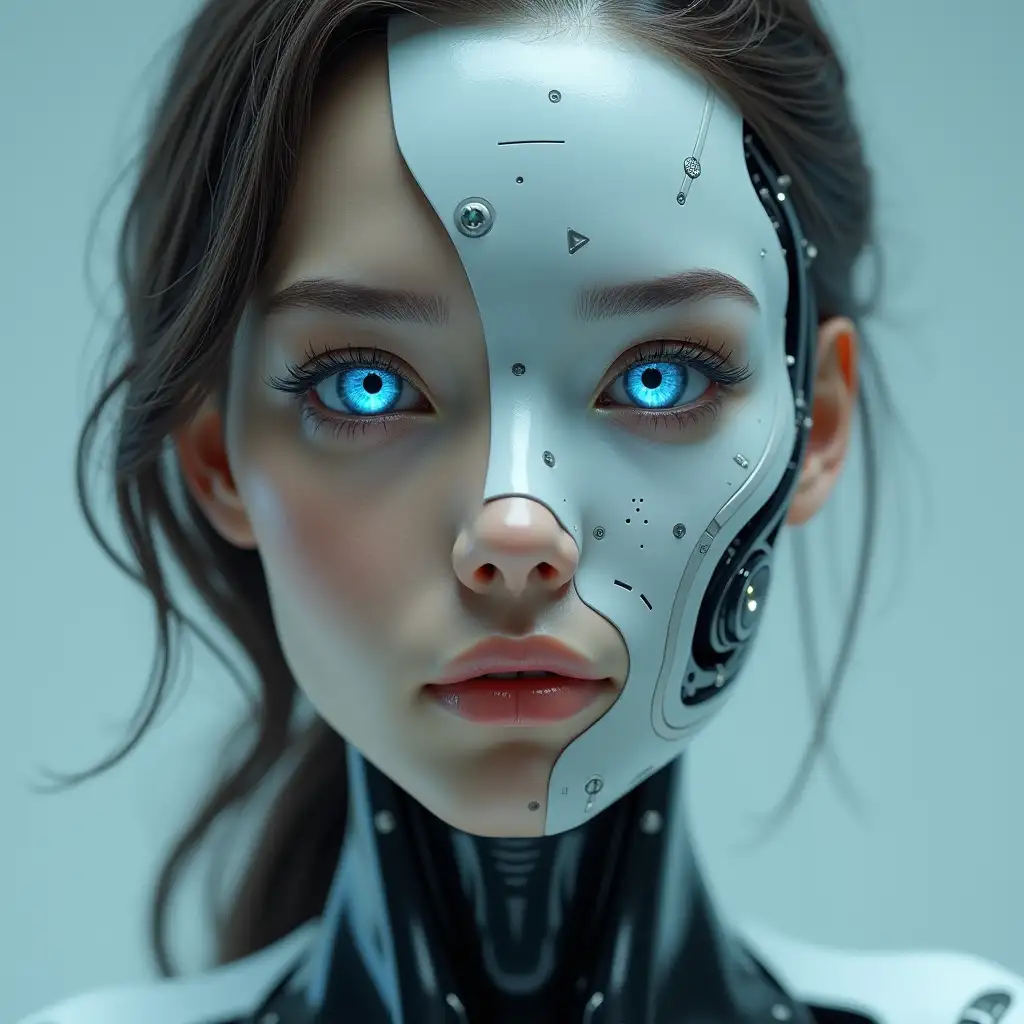 Robot face as a lady appears in her artificial face half artificial and half human and the artificial eyes may be blue looking directly at the camera