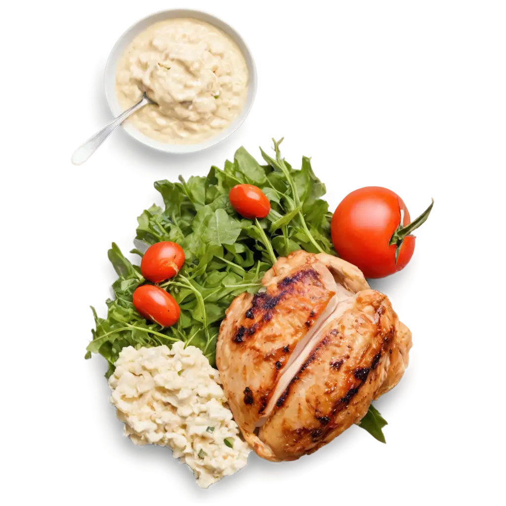 chicken breast with potato salad with mayonnaise and arugula salad with cherry tomatoes