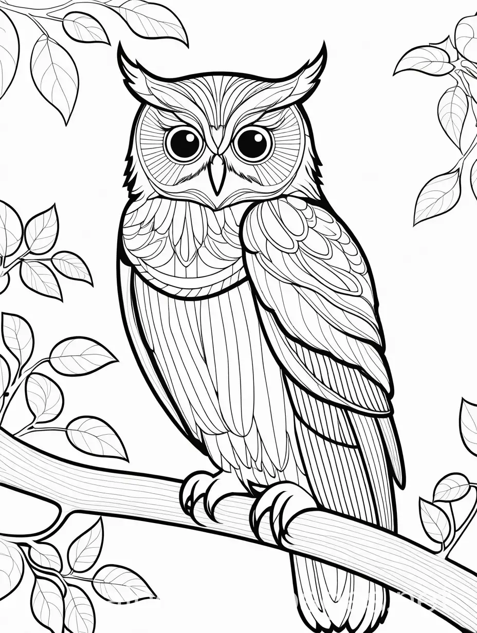 Wise-Owl-Perched-on-Branch-Coloring-Page-Night-Theme