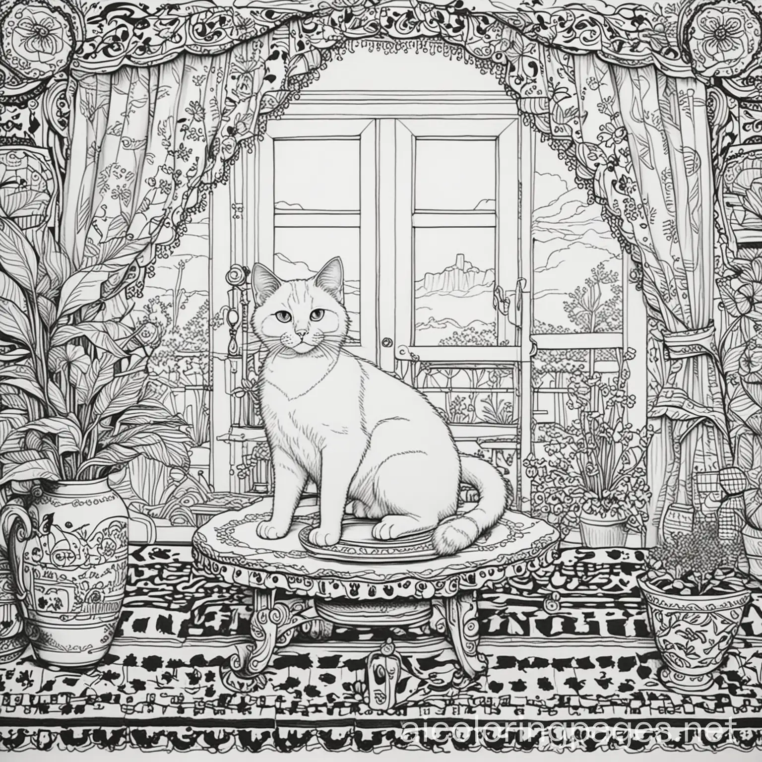 Charming-MexicanStyle-Kitchen-with-Cat-in-Black-and-White-Coloring-Page