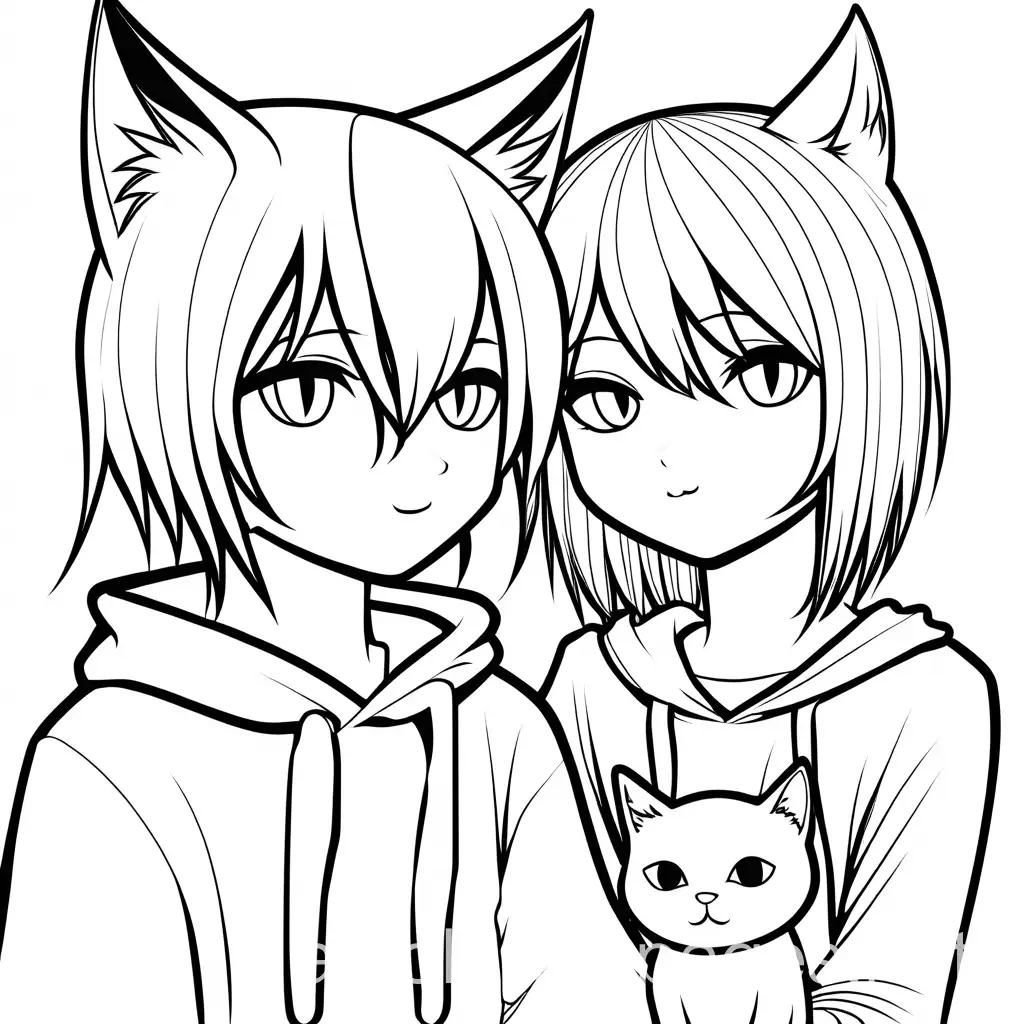 emo cat girl with emo boy in love, Coloring Page, black and white, line art, white background, Simplicity, Ample White Space