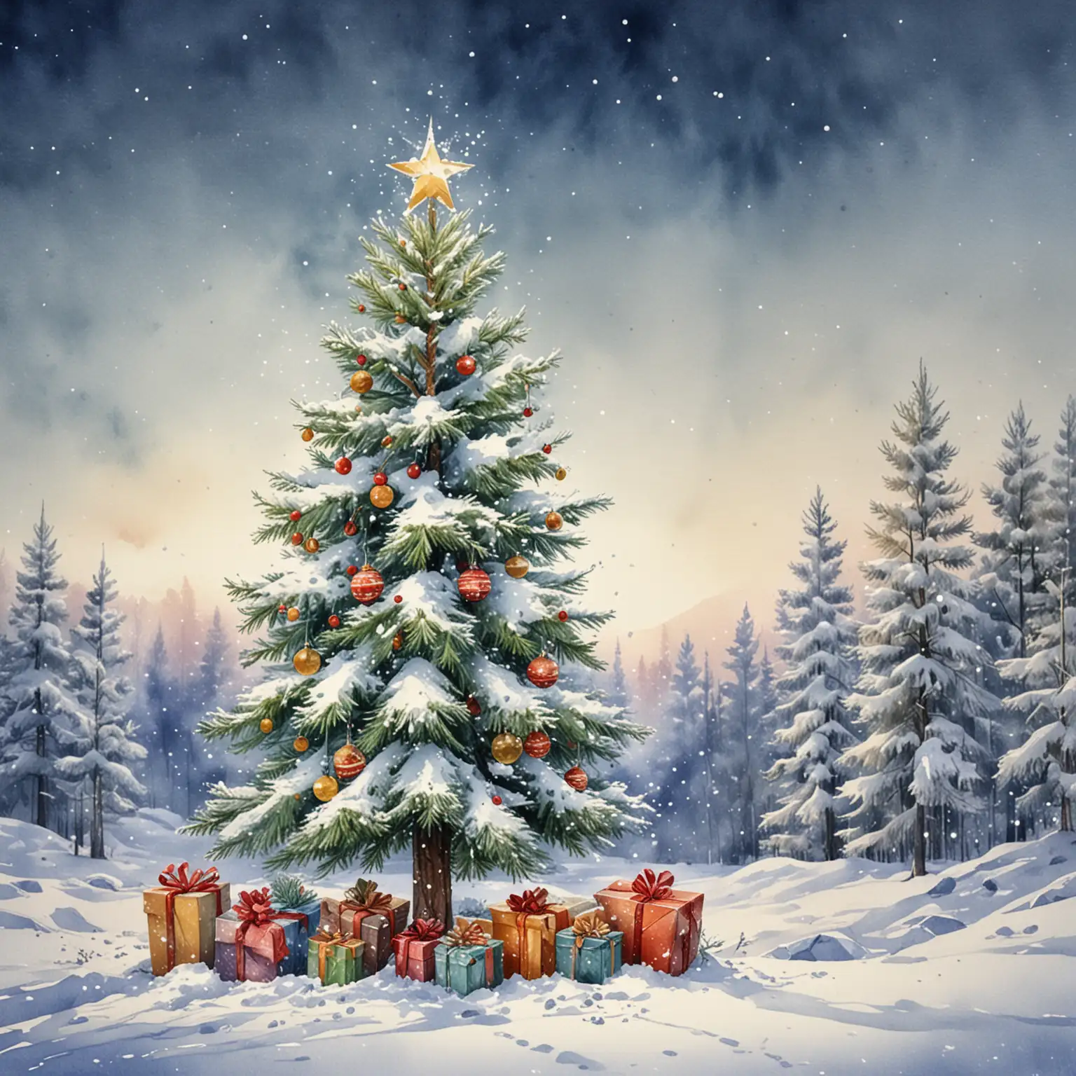 New-Year-Celebration-with-Snow-Christmas-Tree-and-Holiday-Gifts-in-Watercolor-Style