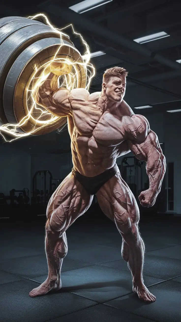 Hyper brawn. Musclegod bodybuilder. Discovering his Herculean powers for the first time. Reverent mood. Inside an empty gym at night. Golden electrical glow. Photorealistic.