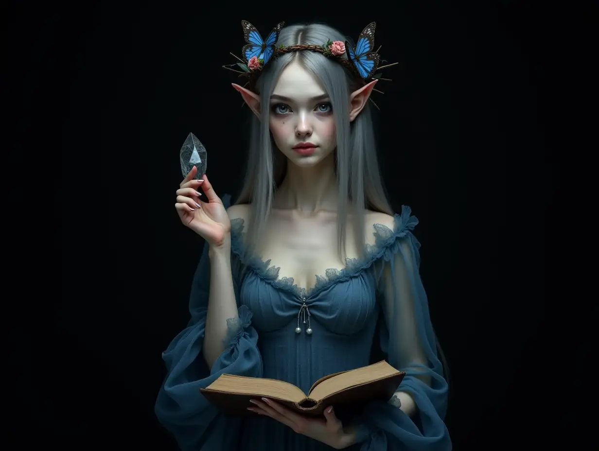 user_prompt: A fine art portrait in low key of extreme realism and high definition of a mysterious and dark elf witch with extremely smooth gray hair with much fall, a crown of thorns adorned with night butterflies and dried roses, very pale and translucent skin, clear blue eyes of extreme realism with dark circles under them and a supernatural glow, fine nose, thin cyanotic lips, a fitted transparent dress of old faded and torn blue gauze fabric on her body, long sleeves adjusted to her arms, without embroidery and soft old gauze fabric. Sweetheart neckline. Hands in interesting poses holding an old book of spells with very old leather covers and a magical crystal. Black background.