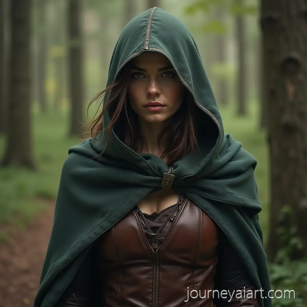 80s-Retro-Fantasy-Brunette-Rogue-in-Cloak-and-Leather-Armor-in-Forest
