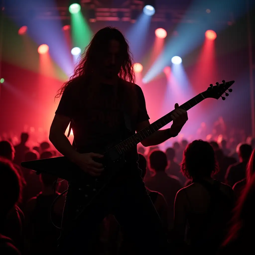 Death metal guitar player in a crowded concert on summer evening, surrounded by red, blue and green lights