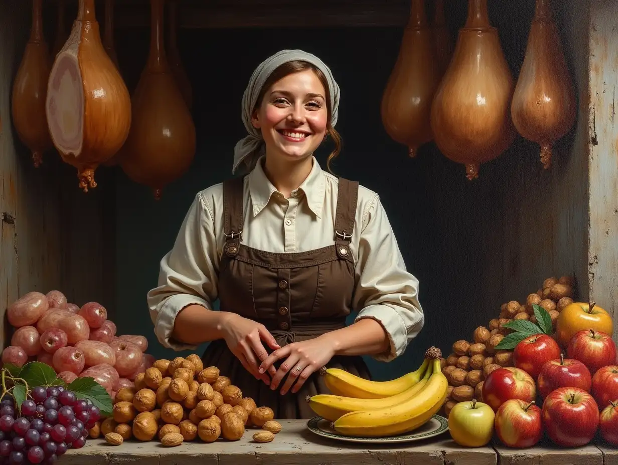 Cheerful-Dickensian-Woman-Selling-Hams-and-Fruits-at-a-Market-Stall