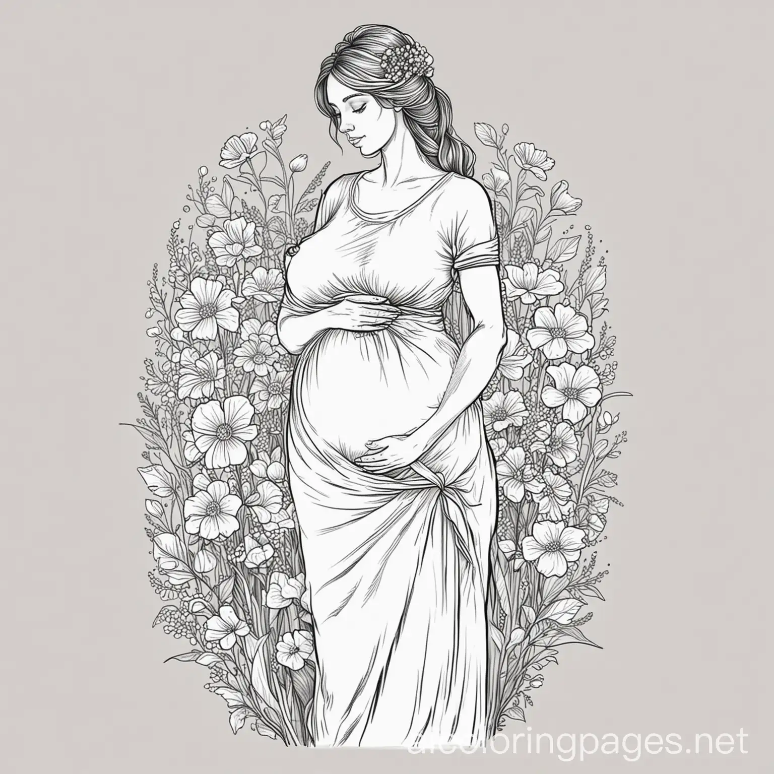 Pregnant-Women-with-Flowers-Coloring-Page-Black-and-White-Line-Art