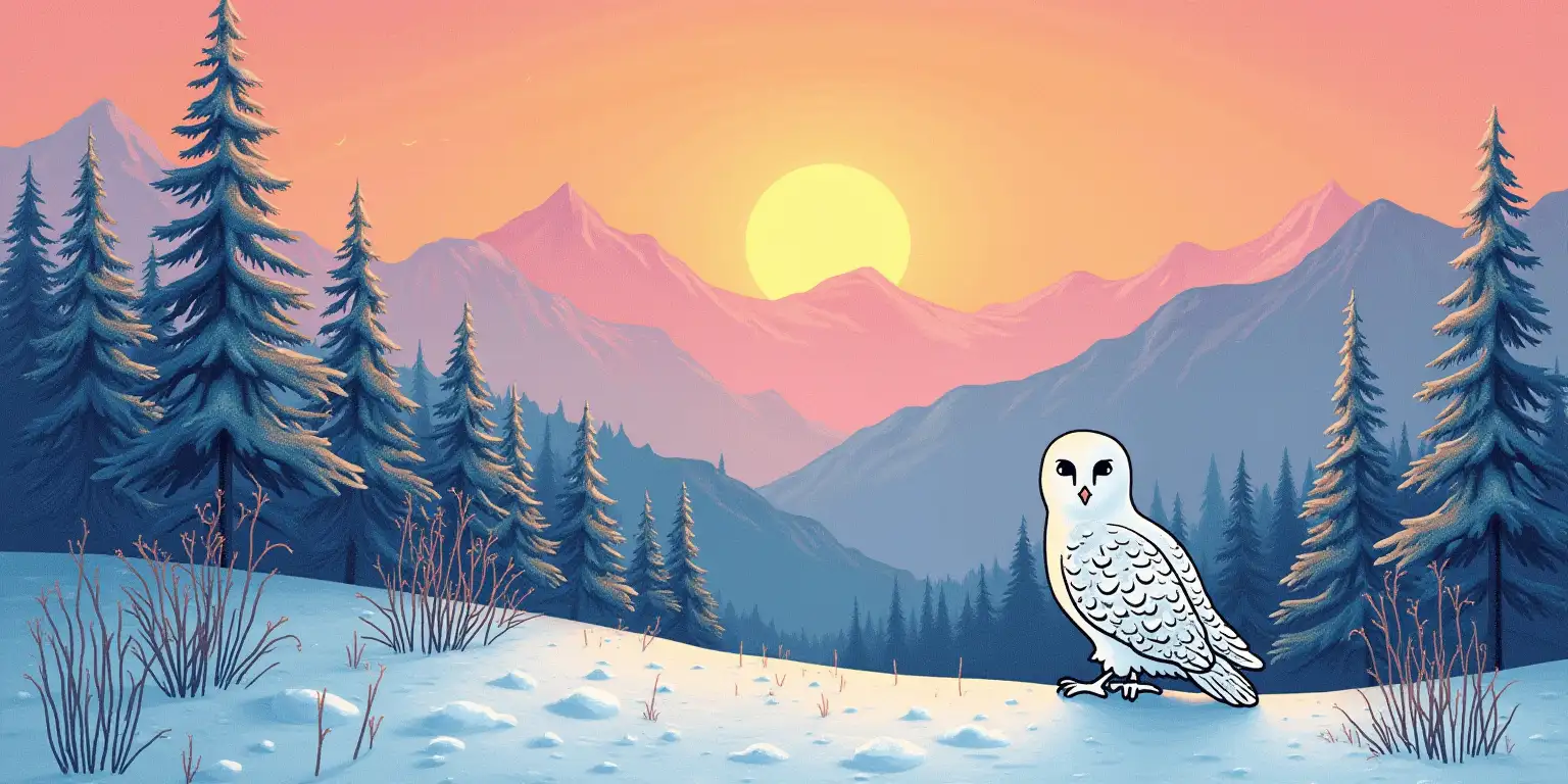 Surreal Snowy Owl in a Mountain Forest at Sunset