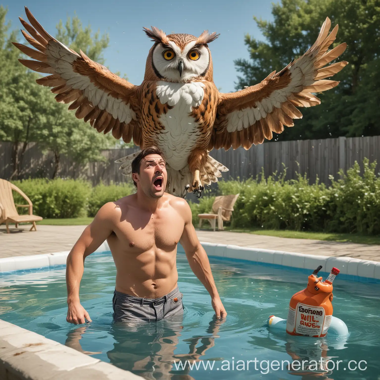 Comical-Scene-Man-Chasing-Owl-with-Whiskey-Bottle-by-Inflatable-Pool