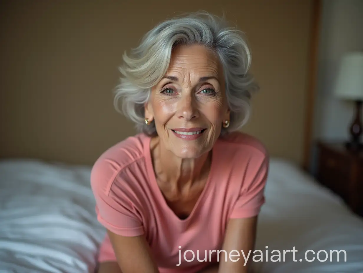 75YearOld-Woman-with-Defined-Features-in-a-Pink-Top-and-Shorts-Styled-Gray-Hair-in-a-Cozy-Bedroom