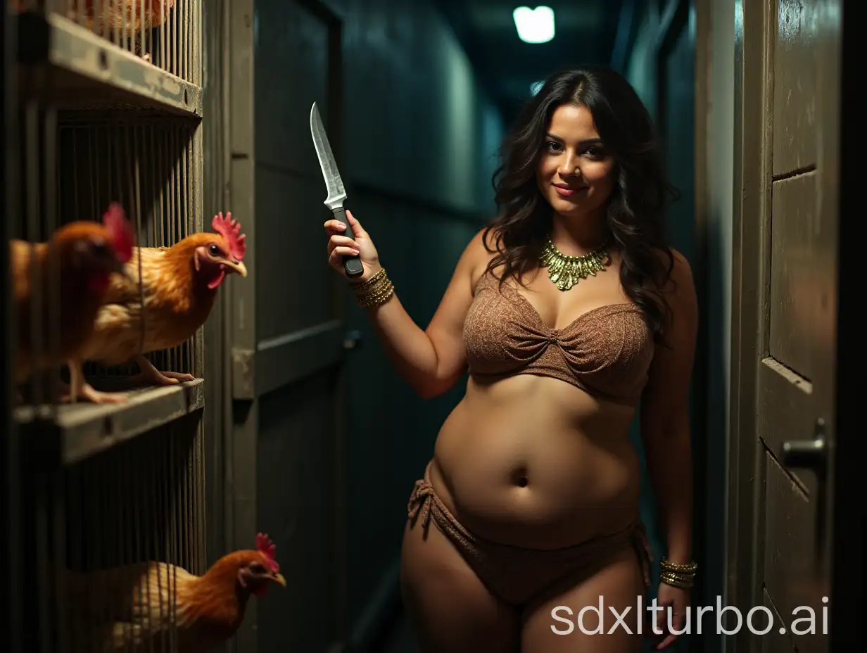 Indian-Woman-in-Bikini-Holding-Knife-with-Chickens-in-Cage