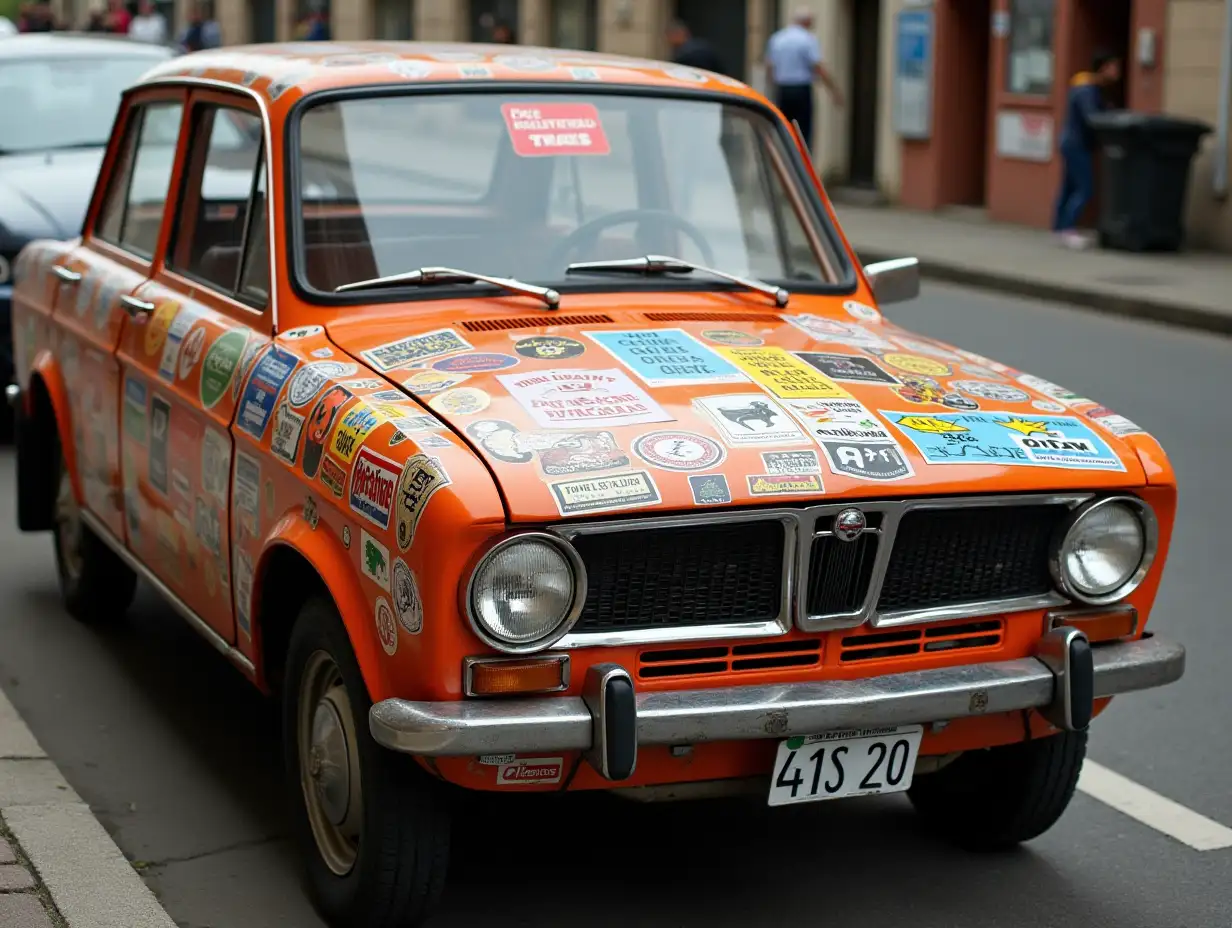AI-Image-Prompt-Expansion1970s-Orange-Hatchback-Covered-in-Activism-Bumper-Stickers-in-US-Setting