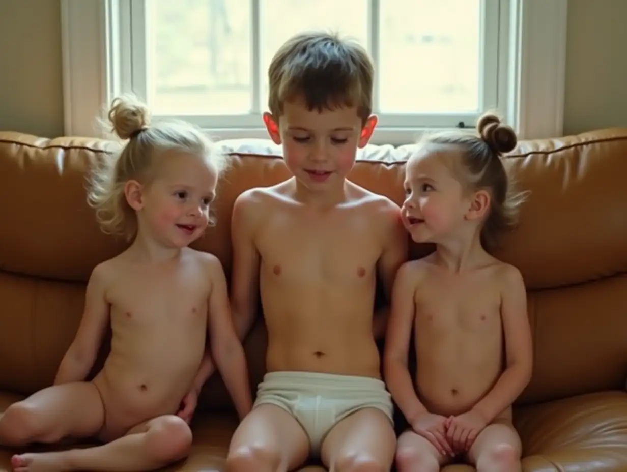 Children-Sitting-on-Leather-Couch-in-Front-of-Window