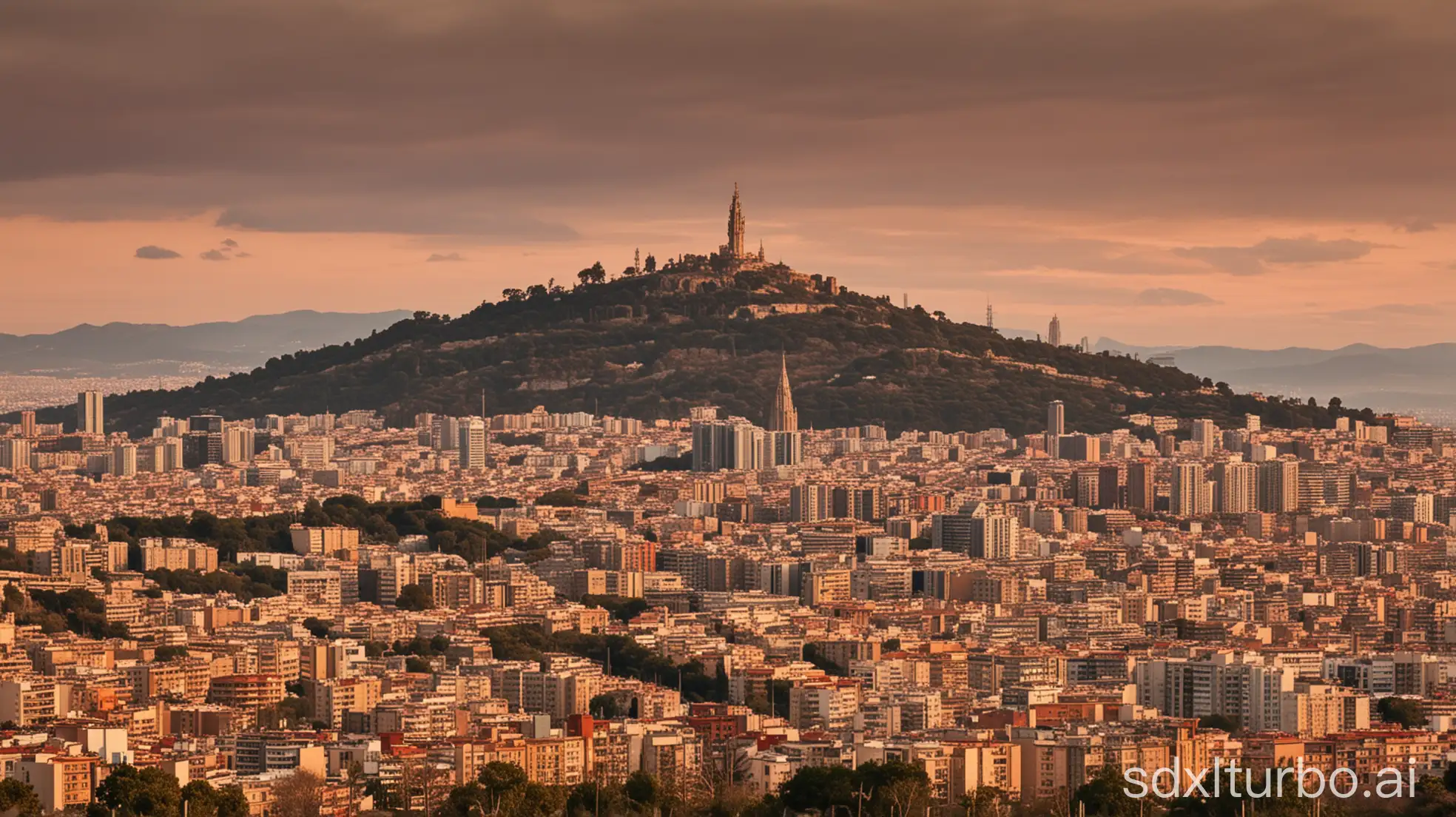 Barcelona-Skyline-with-Tibidabo-Mountain-at-Sunset-and-Floating-Spanish-Literature-Books