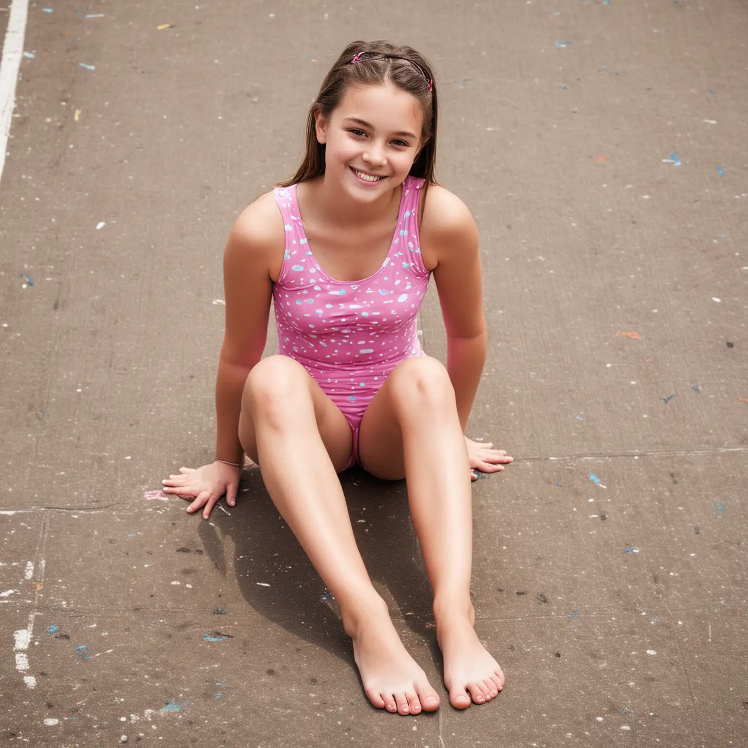 Middle-School-Girl-in-Pink-Swimsuit-Smiling-at-School-Showing-Her-Feet