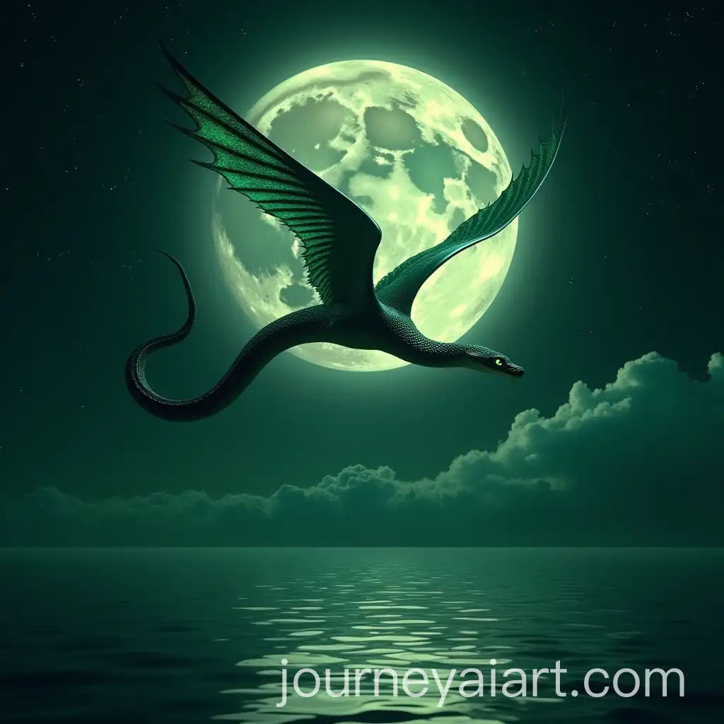 Emerald-Snake-Flying-to-the-Moon-Against-Midnight-Sky